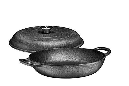 Bruntmor 3.8 Quart Enamel Cast Iron Dutch Oven With Handles And Lid, 3.8 Qt Black Cast Iron Skillet, Enamel Shallow Cookware Braising Pan For Casserole Dish, Crock Pot Covered With Cast Iron- Black