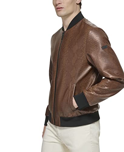 DKNY Men's Faux Leather Varsity Bomber Jacket, Varisty Brown Snake Embossed