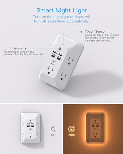 Multi Plug Outlet, Outlet Extender with 4 USB Ports (2 USB C) and Night Light, 1050J Surge Protector, Wall Mount, Outlet Splitter for Bathroom Kicthen Camper Dorm Room Essentials