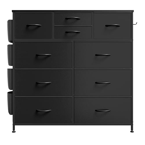 Black Dresser for Bedroom, Bedroom Dresser & Chests of Drawer, Fabric Dressers 10 Drawers, Black Dresser for Closet w/Side Pockets, Hooks, Clothes Dresser Storage for Hallway, Entryway, Kids Room