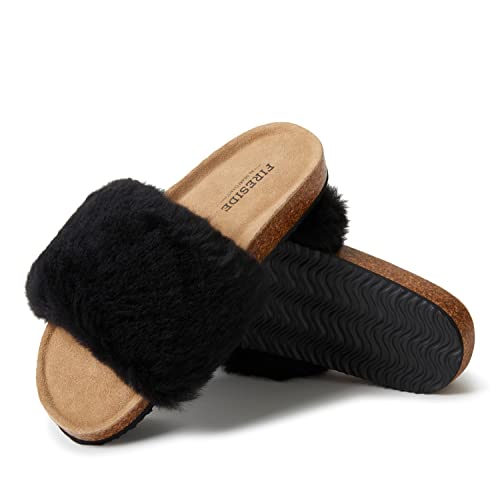 Dearfoams Women's Fireside Canberra Shearling Cork Footbed Easy on/Off Slide Sandal, Black, 6