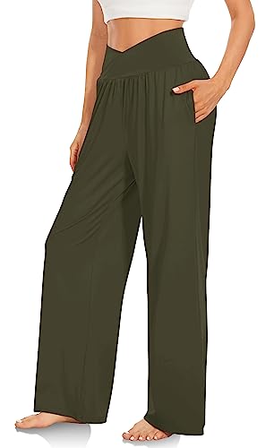 TARSE Womens Wide Leg Pants Petite Loose Yoga Pants Casual Lounge Flowy Pants Pockets Stretch Sweatpants(Army Green,S)