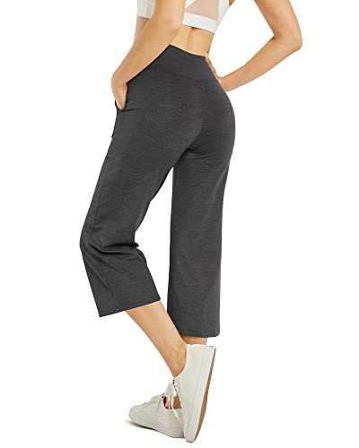 G4Free Wide Leg Capri for Women Trouser Style Yoga Pants with Pockets Summer Cross Waist Crop Pants for Casual Lounge(Charcoal Heather,S,25")