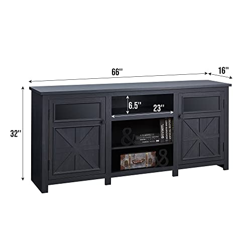JXQTLINGMU Farmhouse TV Stand for 75 Inch TV, Entertainment Center with Storage, Modern TV Cabinet with Barn Doors, 66" Rustic TV Console for Living Room, Adjustable Shelf - Black