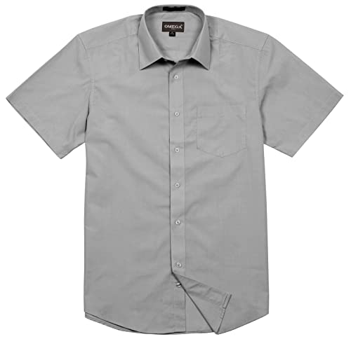 OmegaTux Mens Short Sleeve Solid Color Dress Shirts Navy Charcoal M(15-15.5)
