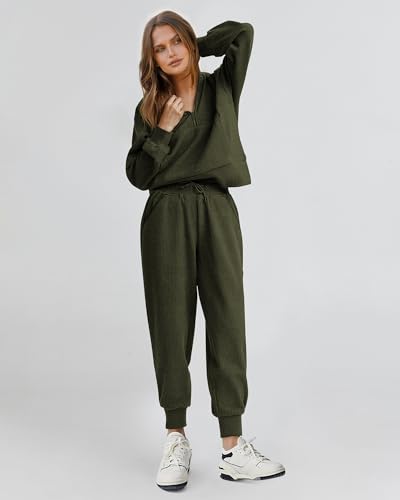 BTFBM Women's Two Piece Outfits Long Sleeve V Neck Zip Pullover Top & Drawstring Pants Sweatsuit Tracksuits Lounge Set(Solid Fruit Green,Medium)