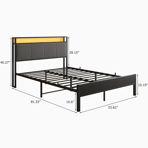 VECOCHO Twin Bed Frame with Charging Station and LED Lights,Upholstered Headboard with Storage Shelves,Heavy Duty Metal Slats, No Box Spring Needed,Noise Free, Easy Assembly,Black and Dark Grey