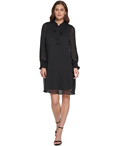 DKNY Women's Long Sleeve Tie Neck Pleated Dress, Black