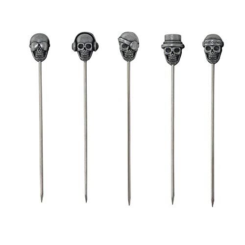 Stainless Steel Cocktail Picks Skull,Metal Martini Sticks,Fruits Toothpicks,Reusable Garnish Skewer Drinks Sandwiches Appetizers Olives Fruits Barbecue Snacks of 5 Pieces (Ancient Silver)