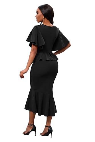 Ruffle Sleeve Fishtail Dress for Women Evening Elegant Cocktail Formal Peplum Midi Mermaid Dresses(Black Small)