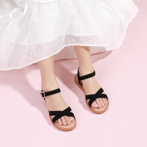 PANDANINJIA Elva Girls Sandals Open Toe Cute Flats Dress Sandals Cross Strappy Summer Shoes Toddler/Little Kid/Big Kid (Tan Pu, 12 M US Little Kid)