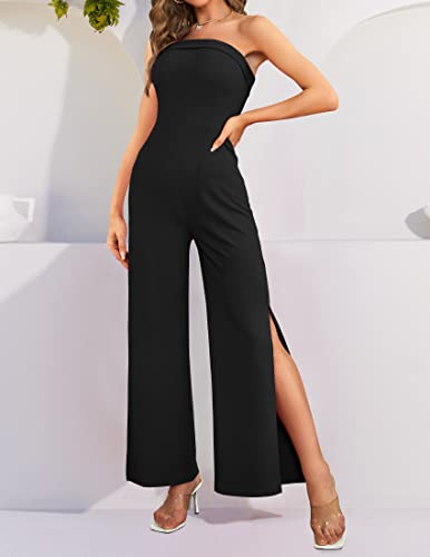 ZESICA Women's 2024 Strapless Jumpsuit Casual Off Shoulder High Waist Wide Leg Side Slit Long Romper Playsuits with Pockets,DarkGreen,Small