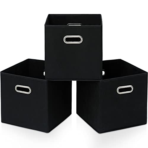 STOREONE Fabric Storage Bins Cubes Baskets Containers-(11X11X11) with Dual Handles for Shelf Closet, Nursery Home ， Bedroom Organizers, Foldable Set of 3 (Grey Gold)