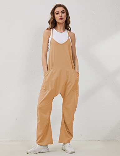 UANEO Women's Casual Jumpsuits Sleeveless Harem Stretchy Loose Overalls Romper Jumpers with Pockets (LightKhaki-L)