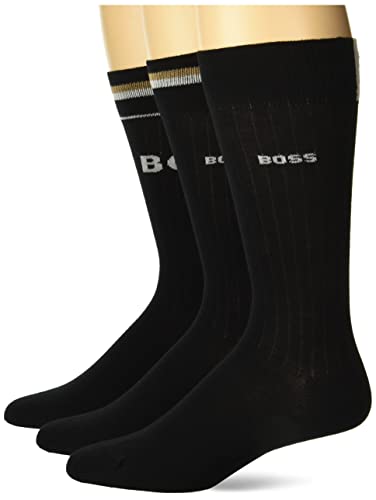 BOSS Mens 3-pack Iconic Stripe Ribbed Cotton Socks, Dark Black/Dark Black/Dark Black, 7-13 US