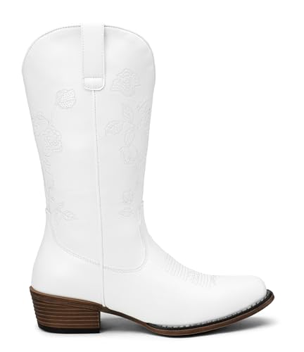 Jeossy Women's 9807 Cowboy Boots Mid Calf Embroidery Flower Boots Western Round Toe Cowgirl Boots, Whisky, Size 6M US-with Side Zipper(DJY9807 Whisky 06)