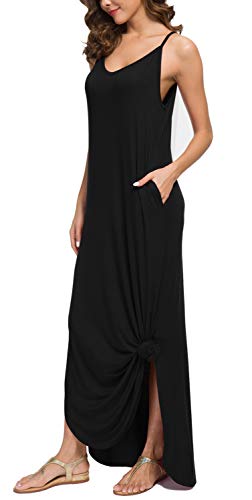 GRECERELLE Women's Summer Casual Loose Dress Spaghetti Strap Beach Cover Up Long Cami Polka Dot Casual Maxi Dress with Pocket Gypsophila Black Small
