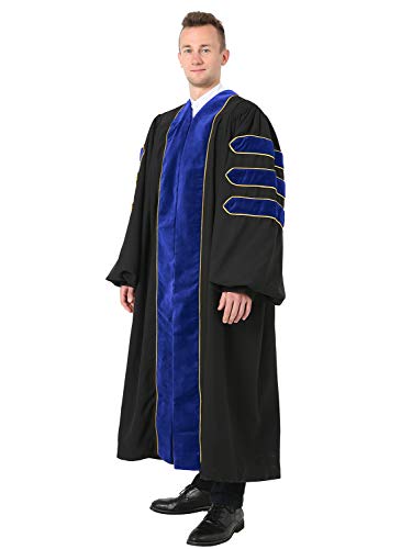 GraduatePro Doctoral Graduation Gown for Faculty and Professor PhD Regalia with Velvet and Gold Piping Blue 45