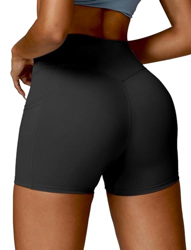 SEASUM Women V Waist Twist Scrunch Shorts 4" Workout Shorts High Waisted Tummy Control Gym Yoga Bottom Brown S