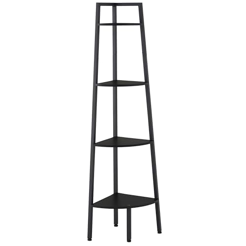 Hoctieon Corner Shelf, 4-Tier Corner Bookshelf, Rustic Corner Ladder Shelf, Industrial Display Shelf for Living Room, Kitchen, Home Office, Balcony, Small Space, Metal Frame, Black