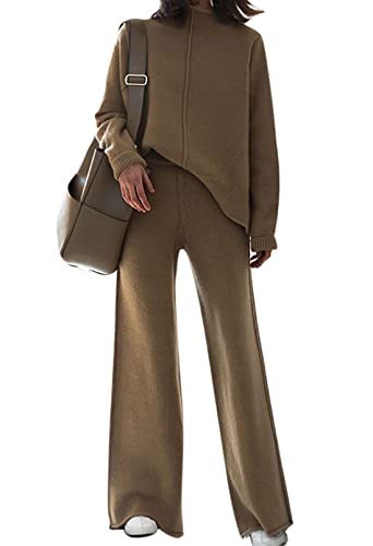 Fixmatti Women Knitted Outfits High Neck Sweater Wide Leg Pant Set 2 Pieces Sweatsuit (Y-Khaki, Large)
