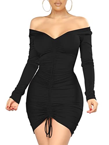 XXTAXN Women's Sexy Elegant Long Sleeve Off The Shoulder Ruched Mini Dress WineRed