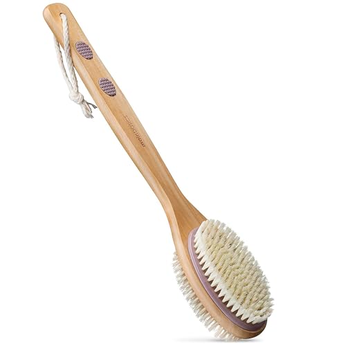 MainBasics Back Scrubber for Shower – Long Handle Dual-Sided Brush for Body Wash & Scrubbing with Exfoliating & Soft Bristles (Lavender, Wood)