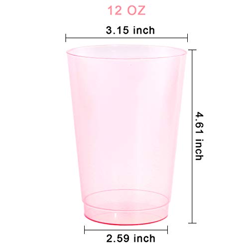 bUCLA 100pcs 12OZ Pink Plastic Cups - Premium Unbreakable Disposable Pink Drinking Cups - Ideal for Wedding, Party&Valentine's Day
