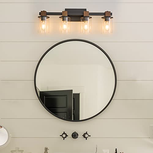 PUNSOKO Farmhouse Vanity Light Fixture, 3 Light Bathroom Wood Wall Light Over Mirror with Clear Glass Shade, Rustic Bathroom Vanity Light (Antique Wood, 3-Light)