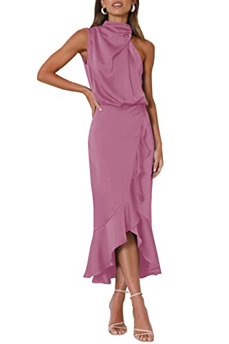 MITILLY Women's Satin Sleeveless Mock Neck Elastic Waist Bodycon Wrap Mermaid Hem Formal Cocktail Party Maxi Dress Small Dusty Rose