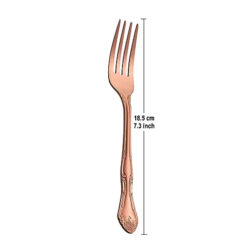 Matte Rose Gold Dessert Forks, FULLYWARE Stainless Steel Satin Finish Forks Silverware Salad Fork Set of 6, Rose Pattern Design, Dishwasher Safe