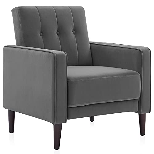 BELLEZE Accent Chairs for Living Room, Mid Century Modern Armchair Velvet Upholstered Comfy Side Chair Button Tufted Back Lounge Reading Chair for Bedroom - Valencia (Gray)