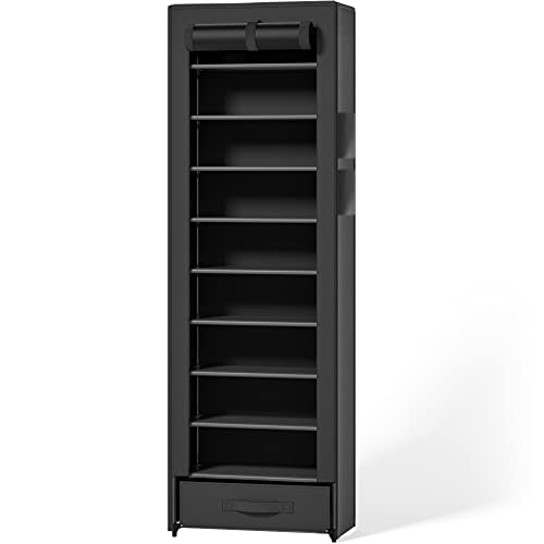 OYREL Shoes Rack 10 Tier Tall Shoe Rack Narrow Shoe Rack with Storage Box,Fabric Covered Shoe Rack,Metal Shoe Rack Organizer,Shoe Racks for Closets,Stackable Shoe Rack,Shoe Stand,Shoe Shelf Storage