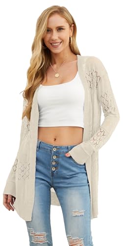 GRECERELLE Women's Lightweight Long Sleeve Cardigan Summer Casual Loose Open Front Pointelle Sweater Beach Coverup, Royal Blue, Medium