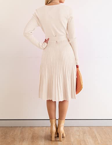ZESICA Women's 2024 Fall Long Sleeve Wrap V Neck Ribbed Knit Pleated A Line Pullover Sweater Dress with Belt,Maple,Large