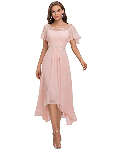 Ever-Pretty Women's Ruffles Sleeve Bridesmaid Dress High Low Beaded Chiffon Midi Mother of The Bride Dresses Cream US24