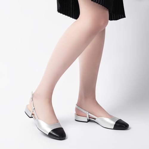 Cusolemore Slingback Flat for Women, Black Flats for Women, Cape Toe Low Heel Dress Shoes, Two Tone Slingback Pumps for Women, Mules with Strap, Closed Toe Heel Sandals Size 6