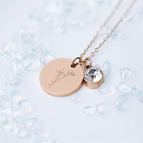 LEFTLY Birth Flower Necklace, Rose Gold Floral Pendant Necklaces, Dainty Birth Month Flower Disc Charm Hand Stamped Flower Disk Necklace