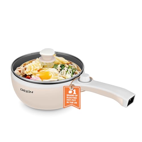 Dezin Hot Pot Electric Upgraded, Non-Stick Sauté Pan, Rapid Noodles Electric Pot, 1.5L Mini Portable Hot Pot for Steak, Egg, Fried Rice, Ramen, Oatmeal, Soup with Power Adjustment(Egg Rack Included)