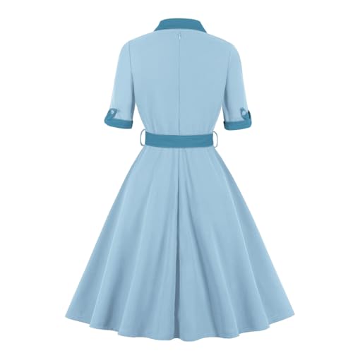 Peter Pan Collar Dress for Women - Bow Tie Neck Doll Collar Short Puff Sleeve 1950s Retro Vintage Cocktail Party Swing Dress with Polka Dot Pattern - Yellow Bowknot