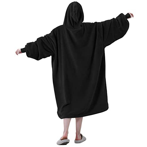 Easy-Going Oversized Flannel Wearable Blanket Hoodie for Adults, One Size Fits All, Black