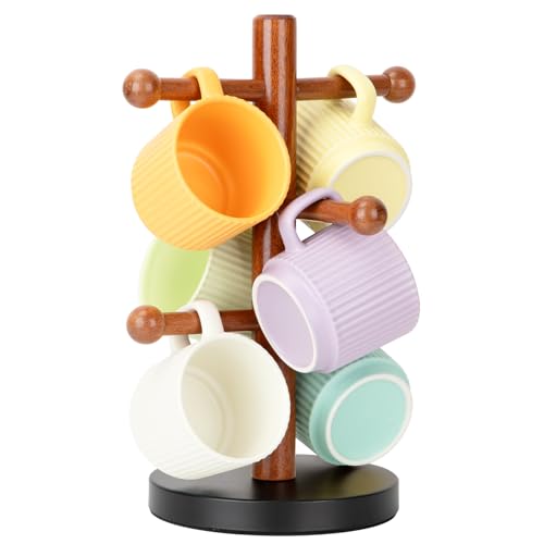 E-ROOM TREND Mug Holder, Coffee Cup Tree for Countertop with Carbon Steel Stable Base and 6 Hooks, Wooden Mug Rack Coffee Cup Stand Display Organizer, Kitchen Bar Station Mug Collection (MH326W)