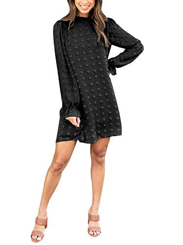 Adibosy Women Dress Long Sleeve: Flowy Wedding Guest Casual Mini Dresses for Womens Swiss Dot Chiffon Short Dress Black S