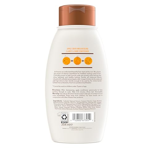 Aveeno Apple Cider Vinegar Sulfate-Free Conditioner for Balance & High Shine, Daily Moisturizing & Scalp Soothing Conditioner for Oily or Dull Hair, Paraben & Dye-Free, 12oz