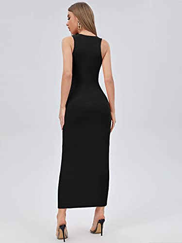 Verdusa Women's Basic Round Neck Sleeveless Solid Bodycon Maxi Long Dress Black XS