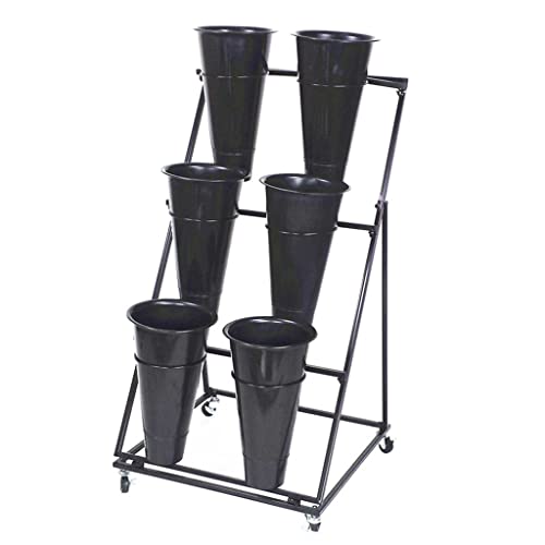 Decorative Flower Display Stand with Buckets for Cut Flowers, Heavy Duty Rolling Plant Stand on Wheels, Indoor Outdoor Flower Cart Ladder Shelf for Florist, Garden, Patio (3 Tier 6 Black Bucket)
