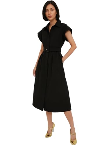 Jenkoon Women's Turn Down Collar Shirt Dress with Belt Short Sleeve Shell Trench Coat Formal Dresses(Black,XS)