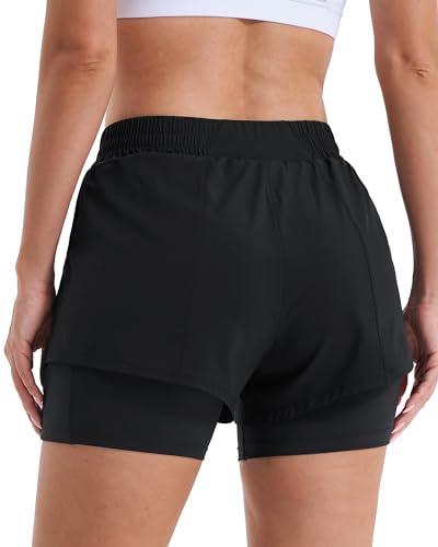 Stelle Women's 2 in 1 Running Shorts Athletic Workout Gym Shorts High Waisted Shorts with Liner Zipper Pockets (Black, X-Small)