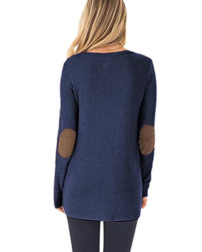 ZILIN Women's Faux Suede Elbow Patch T-Shirt Long Sleeve Letter Print Tunic Shirts Tops (Blue, M)