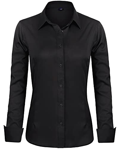 J.VER Womens Dress Shirts Long Sleeve Button Down Shirts Wrinkle Free Solid Work Formal Blouse Dark Green Small